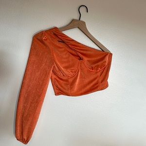 One Shoulder Cut Out Long Sleeve Crop Top. Orange. Large.